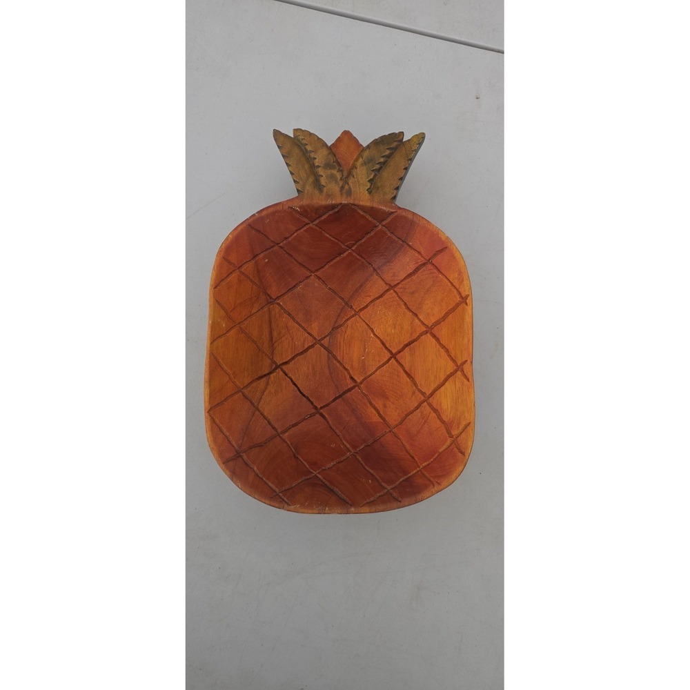 vintage wooden pineapple-shaped decorative bowl with a carved crosshatch pattern